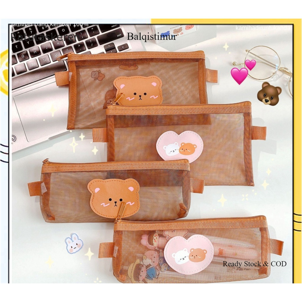 

BALQIS TEMPAT PENSIL ZIPPER COKLAT MOTIF BERUANG DOMPET PENSIL COKLAT LUCU MOTIF BEAR TEMPAT MAKEUP TEDDY BROWN MODEL JARING TRANSPARAN DAN MULTICOLOUR CUTE KEREN READY STOK