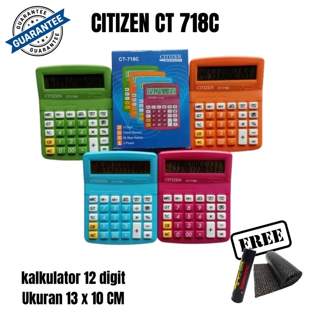 

Kalkulator CT 718C Alat Hitung Sekolah Warna Biru Merah Hijau 12 Digit 99 Auto Replay Ukuran Sedang