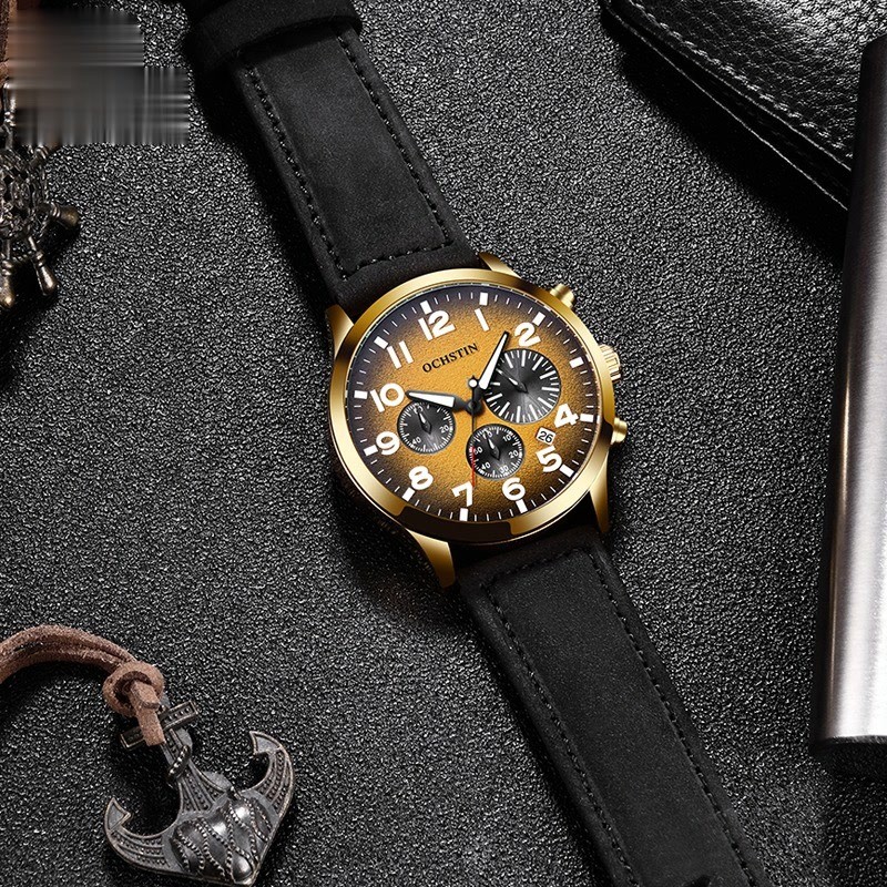 Watch for Men Golden Luxury Chronograph Date Quartz Wristwatches Military Sports Leather Band Male C