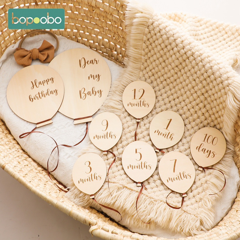 9PCS Newborn Wooden Balloon Milestone1-12 Month Card Wooden Baby Milestone Children Photography Prop