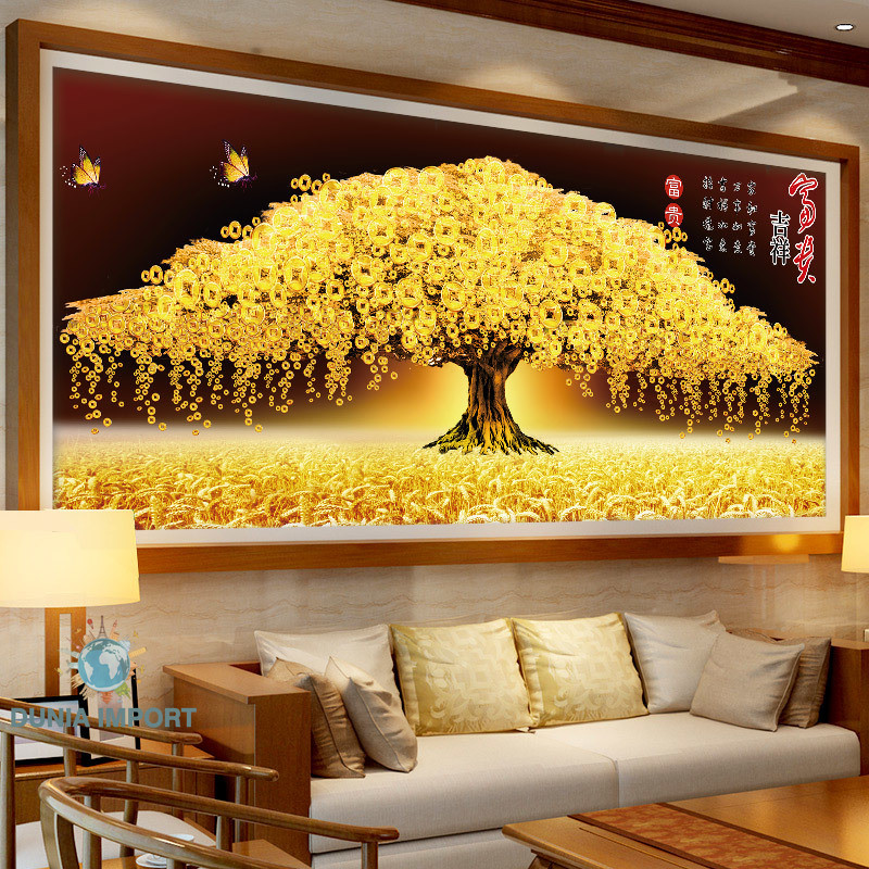 Lukisan Berlian 5d 2024 Lantai Emas Baru Penuh Berlian Pohon Uang Pohon Uang Ruang Tamu Dot Ubin Jah