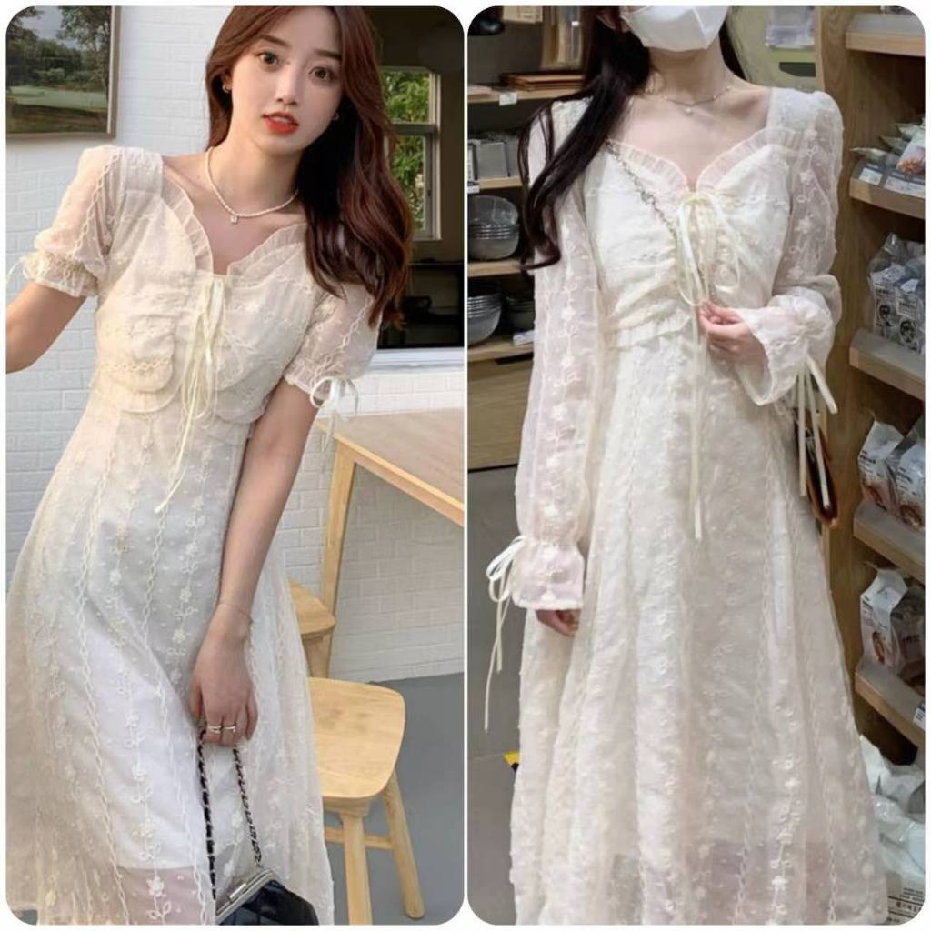 Dress Brokat Bunga 2 Versi Wanita | Dress Tunik Brokat Motif Bunga Model Terbaru | M367