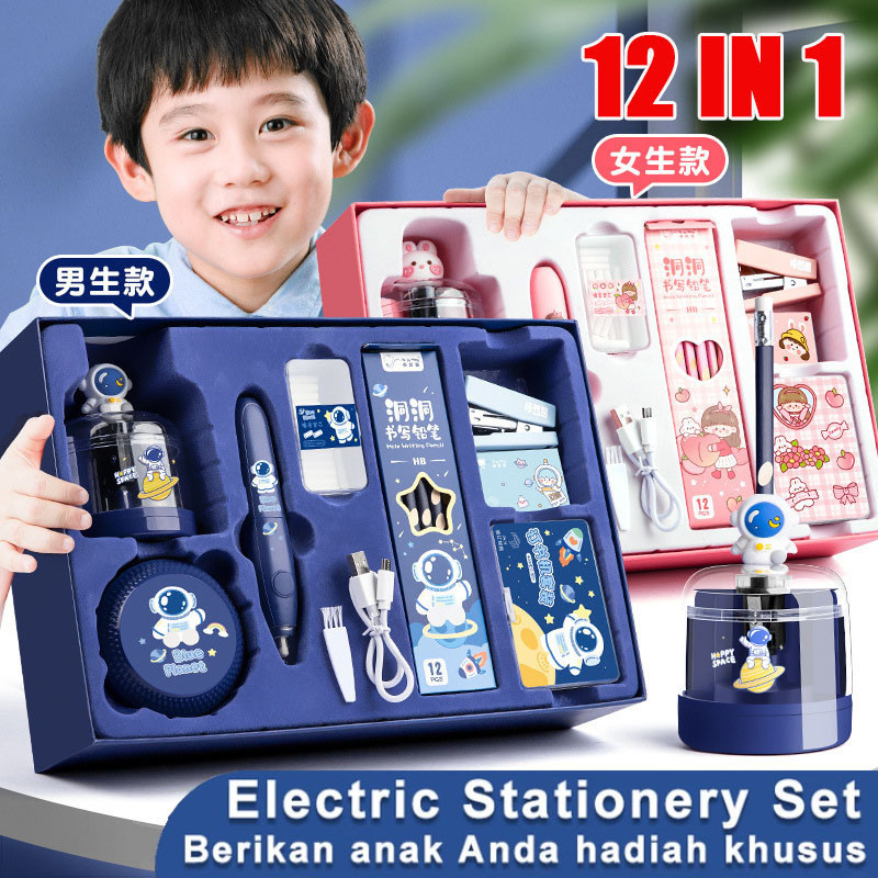 

8.8 Electric Stationery Set / Set Alat Tulis Elektrik Rautan Penghapus Vacuum Pensil 12 In 1