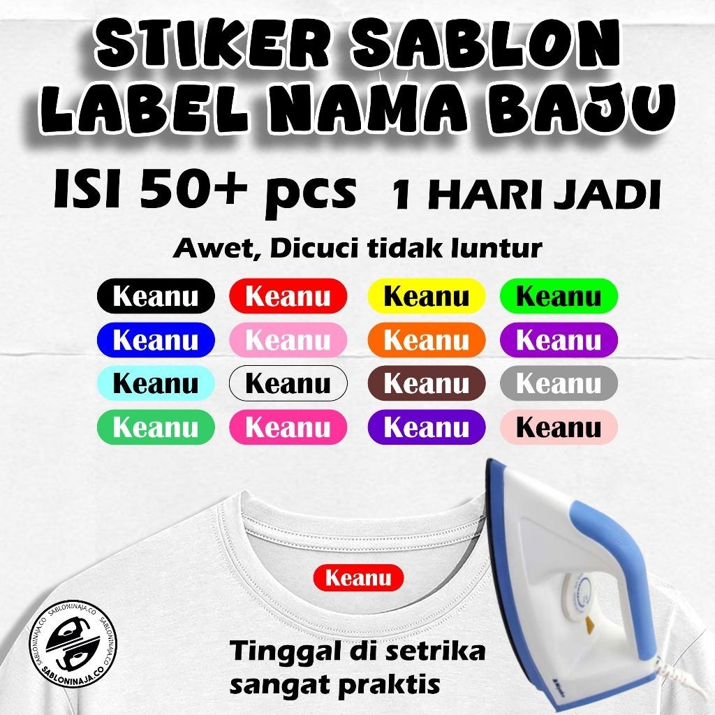 

Sehari Jadi! Stiker Sablon Label Nama Baju Stiker Custom Nama Label Printing Kain / Kaos Sablon Setrika Gratis Custom Nama Isi 50+ lebih, Praktis Tinggal Setrika