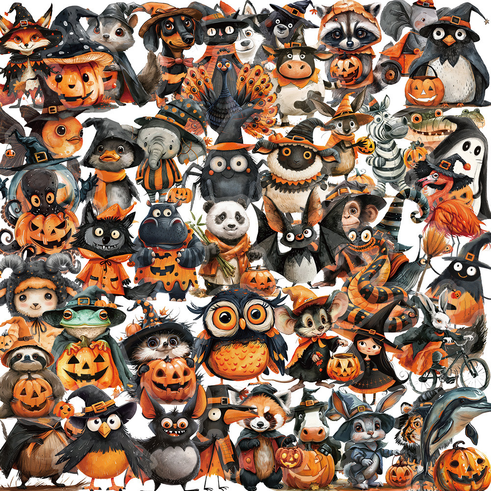 

50PCS Halloween Cross Dressing Animals Sticker Cartoon Graffiti DIY Laptop Phone Case Helmet Motorcycle Waterproof PET Decal Toy