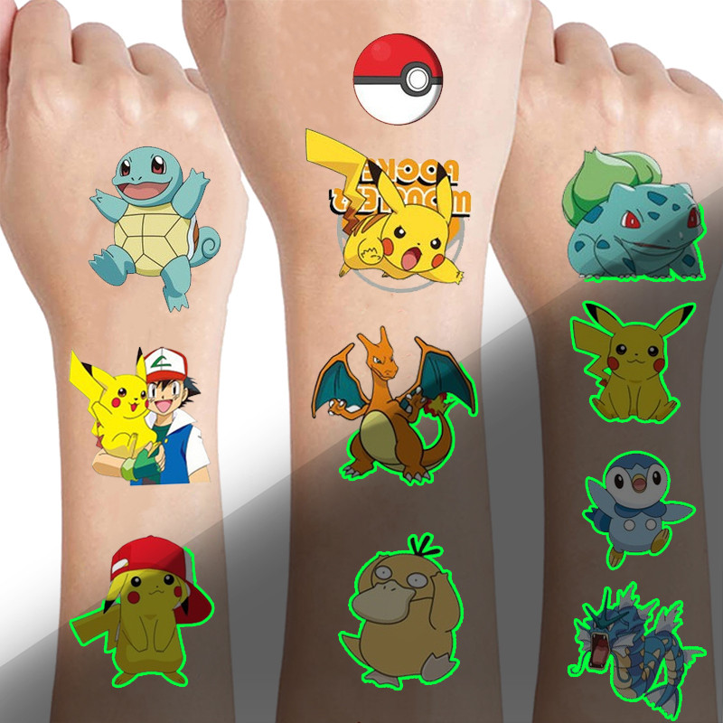 

Pokemon Luminous Tattoos for Kids Pikachu Styles Temporary Tattoos Stickers Boys Girls Glow Party Supplies Gifts for Children