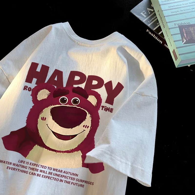 【COD】100% katun Strawberry bear Fastfash Kaos Pria Wanita Oversize Vintage Lengan Pendek, Baju Polos