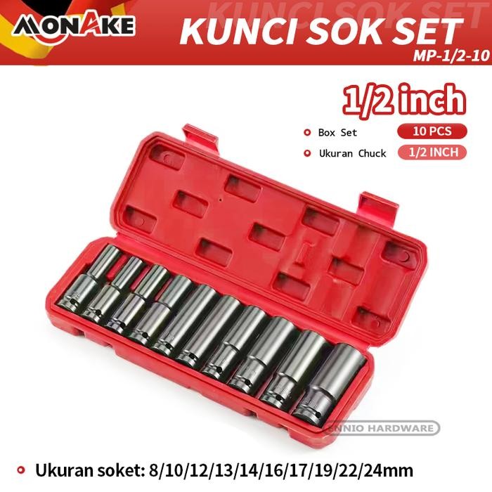 MONAKE Kunci Sok Set 1/2'' inch Set  Lengkap Kunci Mata Sok Potong Kunci Pas Alat Set Cincin Wrench 