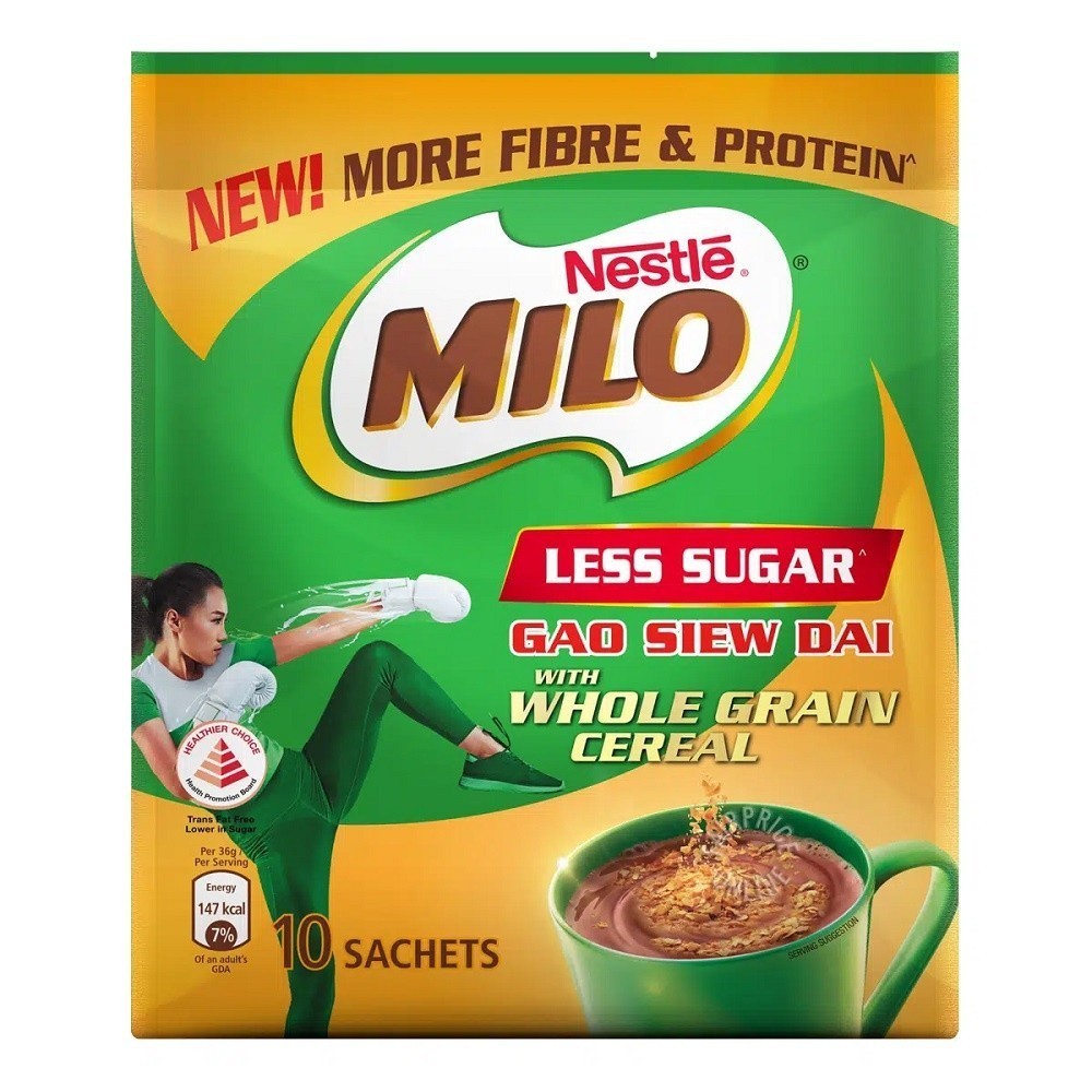 

Milo Instant Chocolate Malt Drink Less Sugar Whole Grain Cereal isi 10 Sachets 360gram asal Singapore
