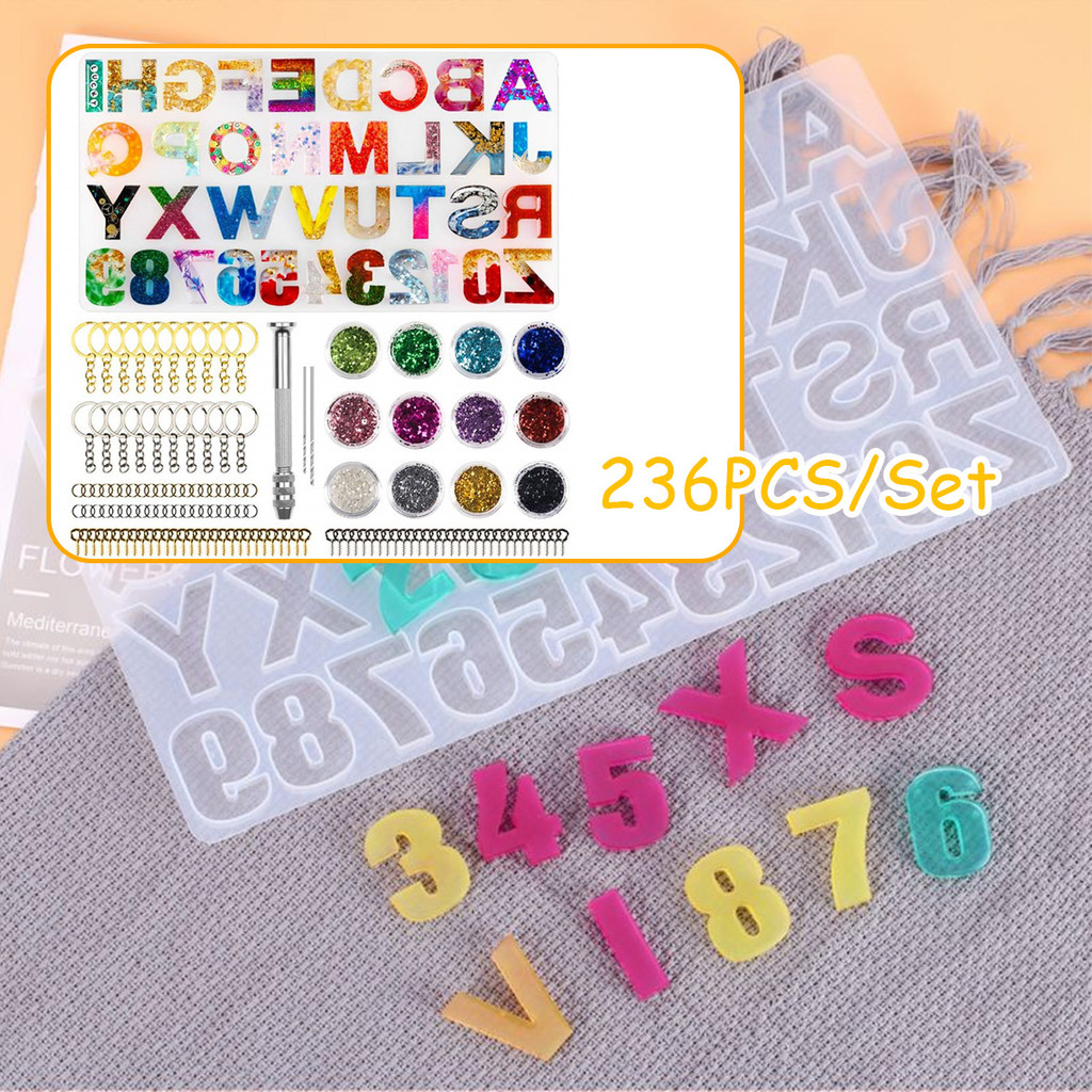 

236pcs/set Set alat resin, perhiasan huruf epoksi, cetakan silikon, set cetakan lem kristal DIY