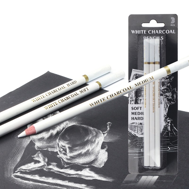 

3 Pcs White Sketch Charcoal Pencils Soft/Medium/Hard White Charcoal Wooden Pencils for Artist Drawing Sketching Blending 24BB