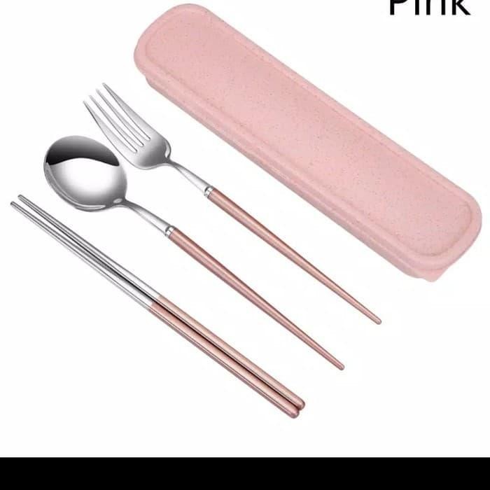 [Promo] Dinner Set (Sendok, Garpu, Sumpit) Special Set Stainless Steel 304 - Merah Muda