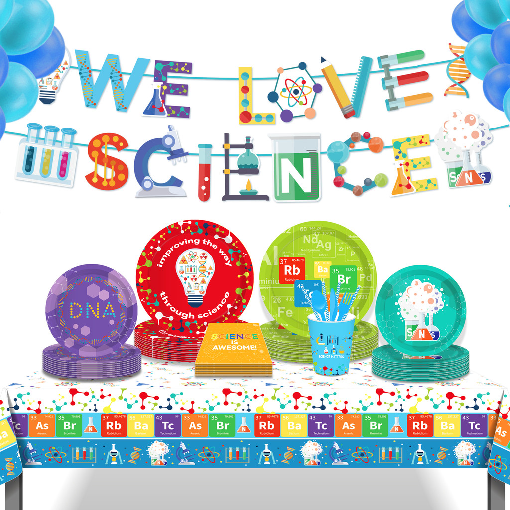 

Cartoon Cool Scientist Science DNA Chemical Party Disposable Tableware Sets Birthday Plates Napkins Cups Baby Shower Party Decor
