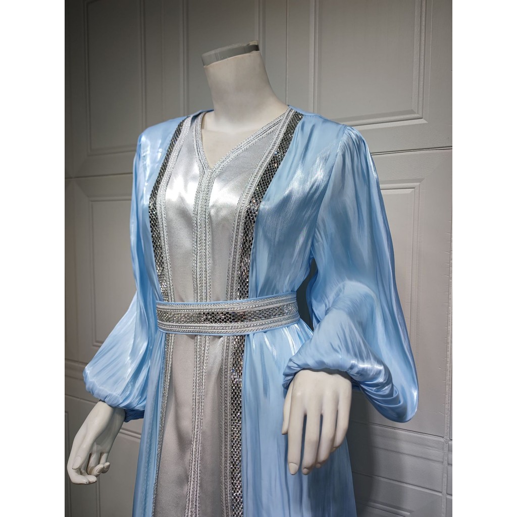 Bright silk satin three piece dress set Musilim long sleeve maxi dress blue