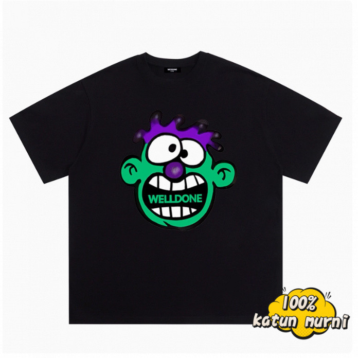 Kaos T - Shirt Motif Karakter Kartun Kocak “WE11DONE”, Gaya Streetwear Ins, Katun Murni Oversize Mus