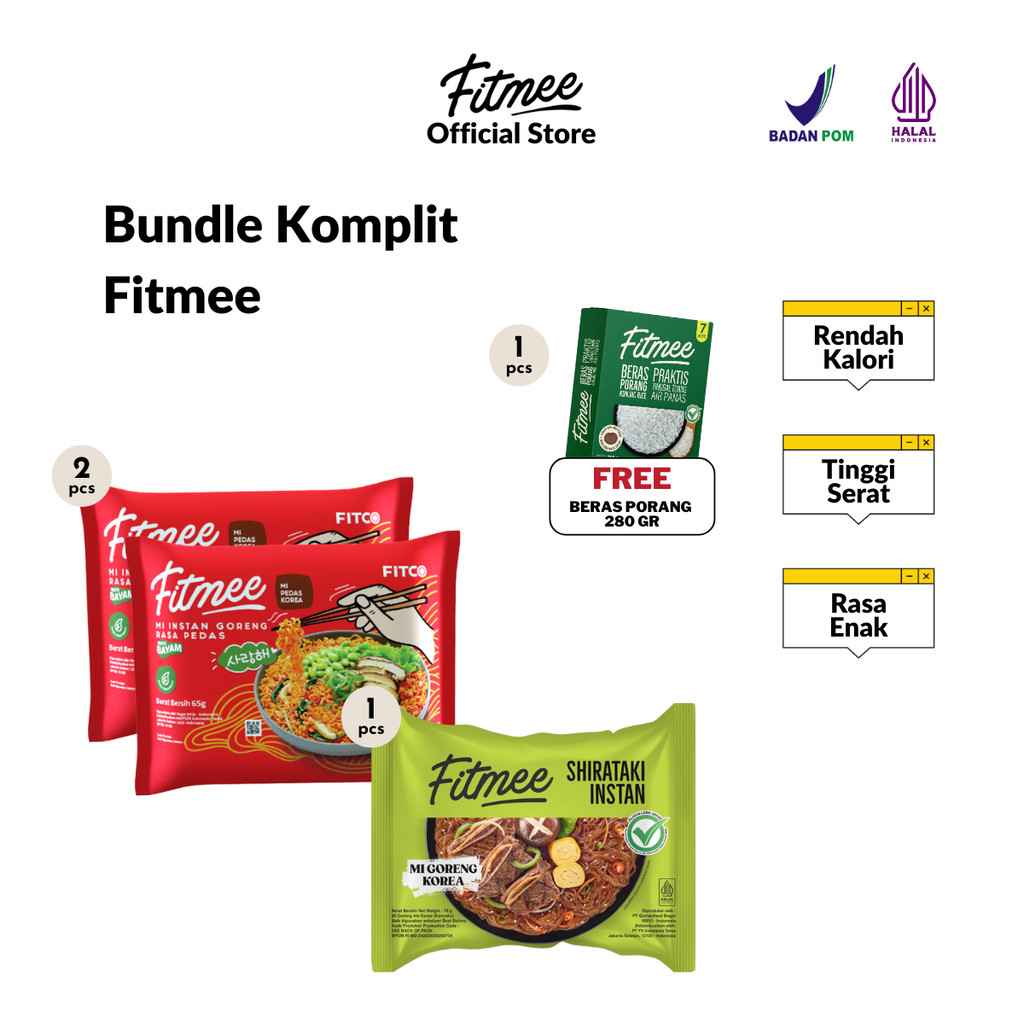 

[BUNDLE KOMPLIT FITMEE] Fitmee Mie Instan Sehat Bayam Goreng Pedas Isi 2 Pcs + Mie Instan Shirataki Goreng Korea Gluten Free + Beras Porang Shirataki Rice Gluten Free 280 Gr