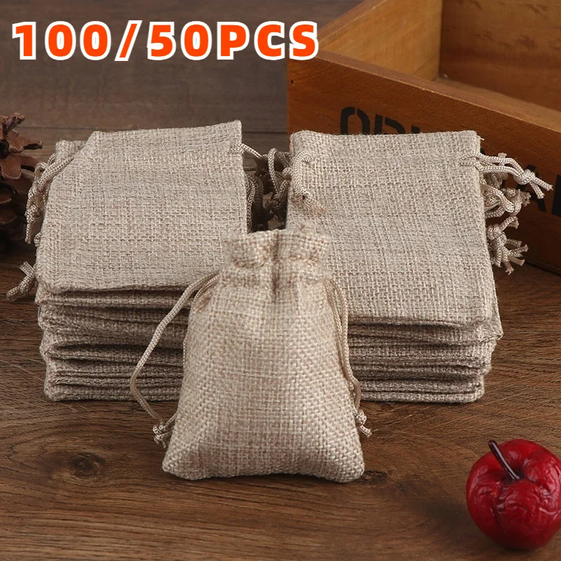 

50/100PCS 13X18CM/10X15CM/7X9CM Drawstring Burlap Bag Jute Gift DIY Wedding Favor Gift Bag For Packaging Candy Chocolate Jewery
