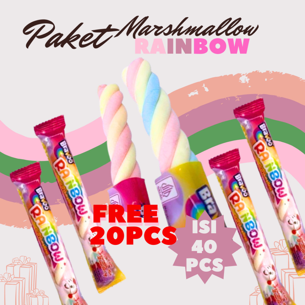 

[PROMO HARI INI] PAKET MARSHMELLOW MIX RAINBOW 40 PCS+ (FREE) 20PCS MARSHMELLOW RAINBOW ANEKA RASA BUAH BUAHAN BERAT 8g warna warni Candy Cemilan Anak Paket Usaha Jajanan SD 1 DUS Jajanan Grosir Murah