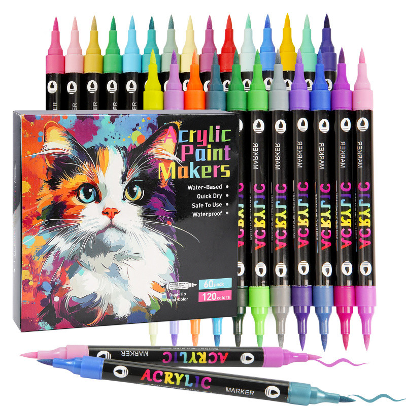 

Dual Tip Acrylic Paint Markers Set - 24-120 Colors, Brush & Fine Tip, Water-Based for Rock Painting, Canvas, Wood Art Supplies