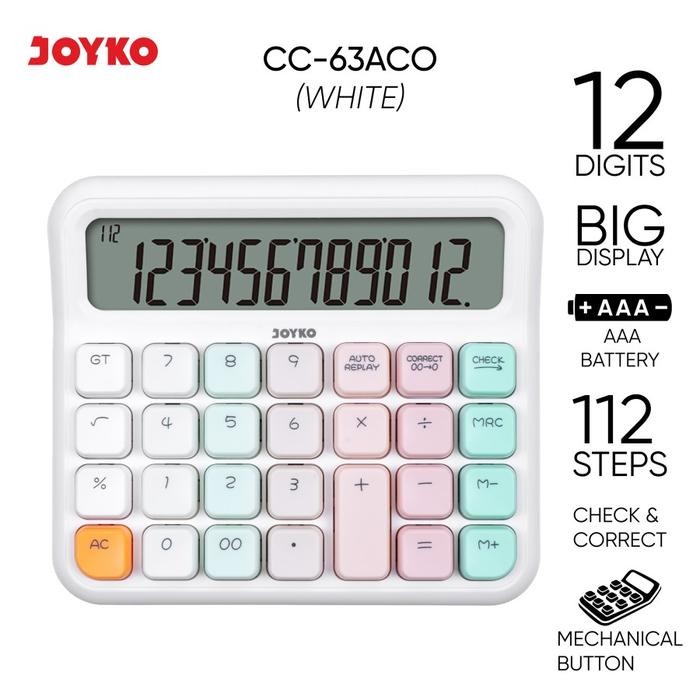 

⪩ PROMO⪨Limited Stok [kuyamol] JOYKO KALKULATOR WARNA PASTEL CC-63ACO CC-63BCO KALKULATOR LUCU 12 DIGITS MECHANICAL BUTTON - WHITE