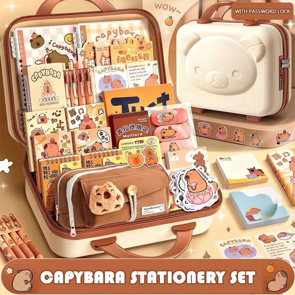 

Kawaii Capybara Stationery Set Notebook, Stickers Ruler, Gel Pens, Pen Case Back-to-School Supplies Cute Durable