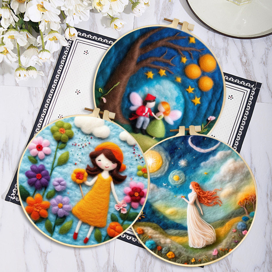 

Blue House Pattern Needle Felt Painting Kits for Adults DIY Wool Felting Painting Kit for Beginners with Embroidery DIY Craft