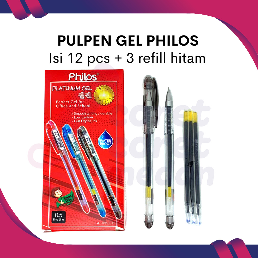 

PULPEN GEL PHILOS PLATINUM PER BOX ISI 12PCS (FREE 3 REFILL)
