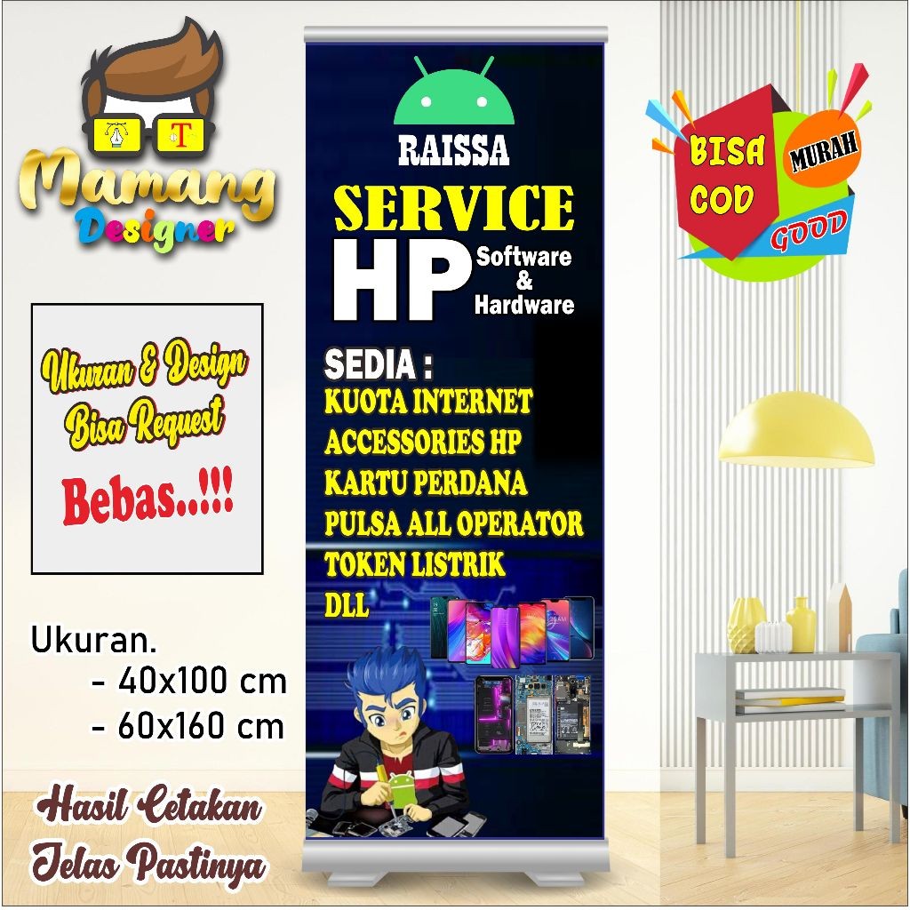 backdrop Custom Banner Spanduk MMT Berdiri Service HP Model Hitam bb