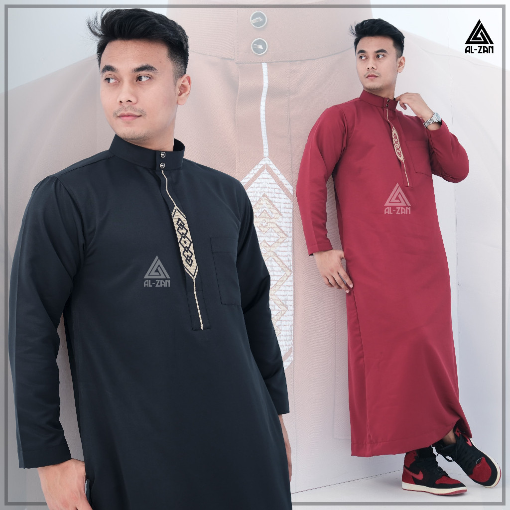 KALIIDRI Jubah pria muslim gamis pria muslim lengan panjang bordir jubbah dewasa katun toyobo hitam 