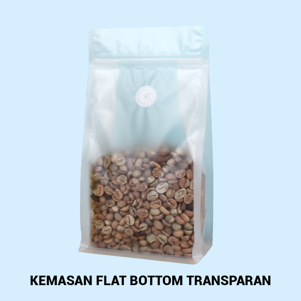 Kemasan Kopi Flat Bottom Transparan 250gr Zipper Valve | Coffee Packaging
