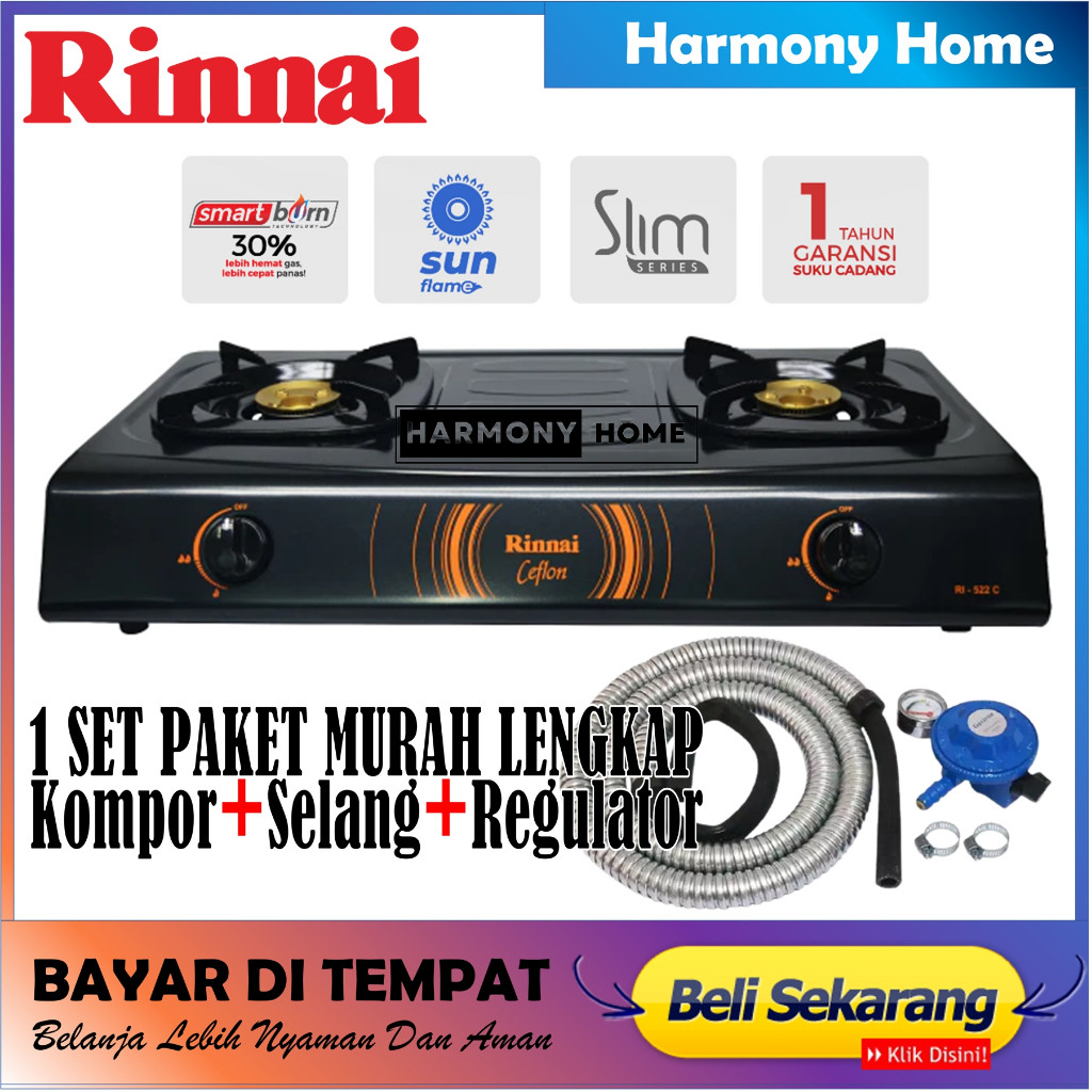 Kompor Rinnai RI 522 C Kompor Ceflon 2 Tungku Rinnai 522C Kompor Teflon Rinnai Kompor Selang Regulat