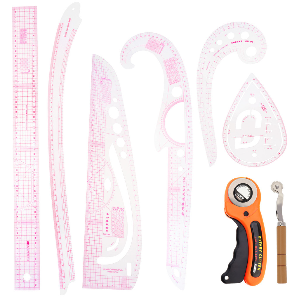 

8pcs DIY Clothing Dress Making Sewing Ruler Set for Pattern Maker Tailor 45 mm Rotary Cutter Tracing Wheel Craft Curve Ruler Kit