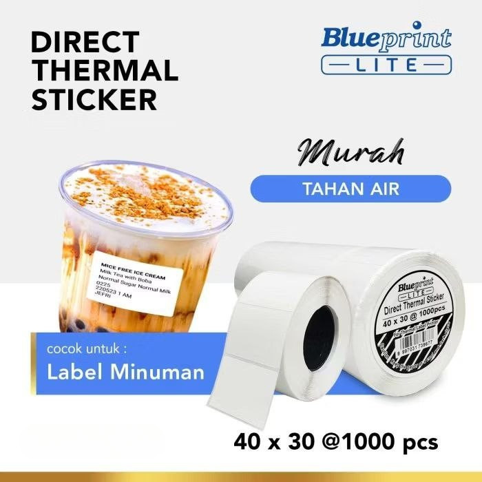 

Direct Thermal Stiker 40 x 30 (1 DUS = 100 ROLL) BLUEPRINT LITE Mixue Kopi Fnb Minuman