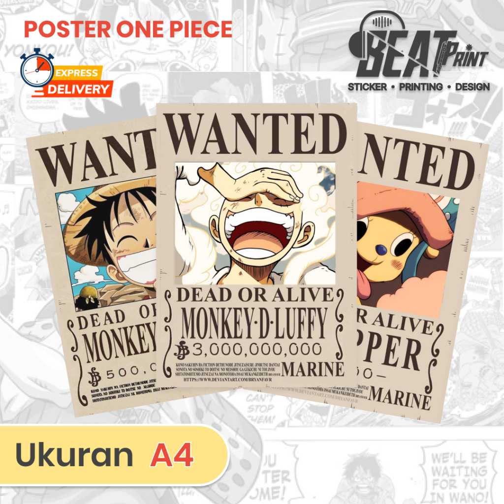 Poster Bounty ONE PIECE | Mugiwara Luffy | Stiker Anime | Stiker Bendera One Piece | Finger Print