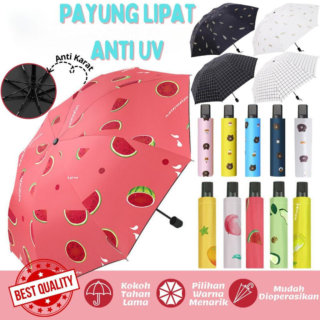 (17-AN)Payung Lipat Motif Buah / Payung Buka Tutup Anti UV Hujan atau Panas / Payung Tabir Surya Pay