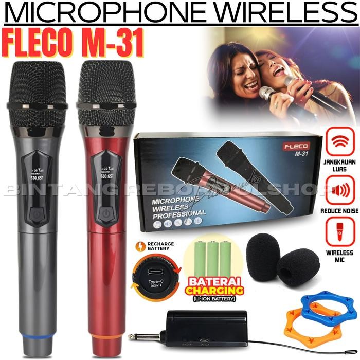 COD Mic Wireless Fleco M-31 Mic Isi 2 Mic tanpa kabel Professional Microphone Karaoke Vokal Jernih -