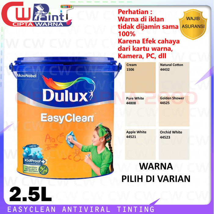 Dulux Easy Clean Tinting Cat Tembok Dinding Interior Anti Noda Putih White Cream Kream 2.5 Liter
