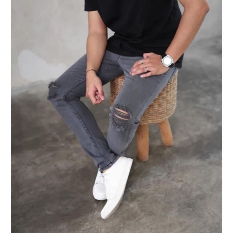 Celana jeans sobek pria yg paling kekinian- celana jeans pria skiny model sobek lutut premium