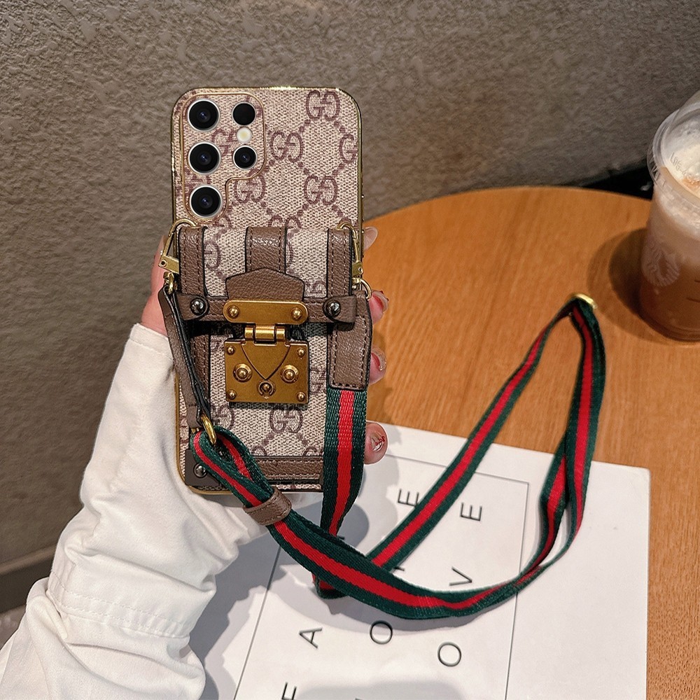 Case Samsung S24 S23 S22 Ultra Casing Ponsel dengan Tali Bahu Tepi Emas Berlapis Penutup Penuh Casin