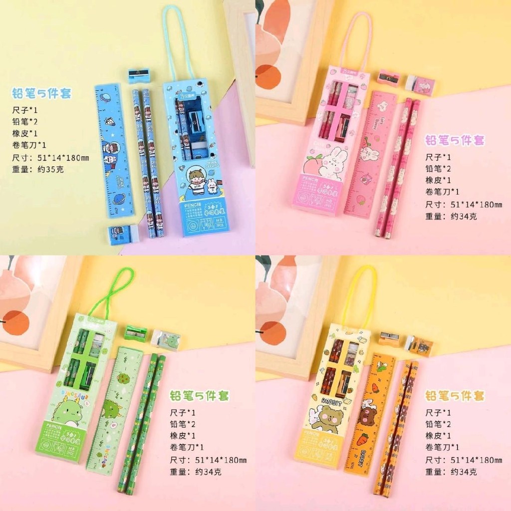 

(5in1) set alat tulis belajar isi 5 pensil penggaris penghapus dll