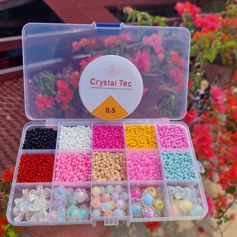 Manik Payet Pasir 8/o - 3mm + Manik Topping Set Paket Box (Free Senar Elastis) Bahan Meronce kalung,