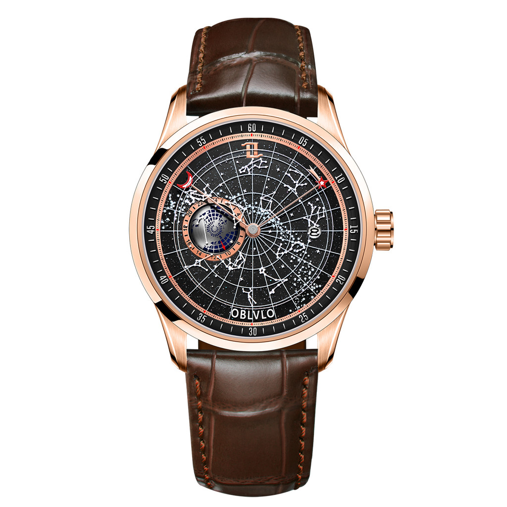 Simple Fashion Automatic Mechanical Watch for Men Luminous Earth Star Leather Strap Waterproof Casua