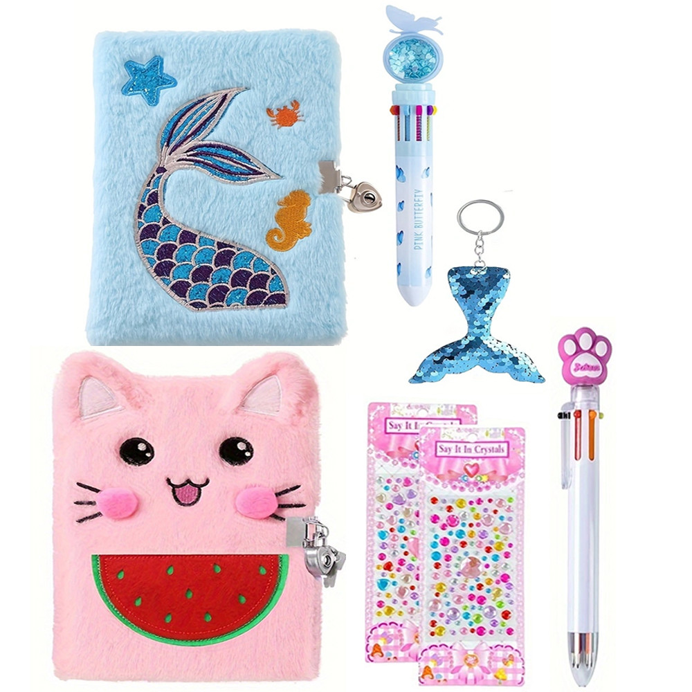 

A5 Cat Diary Plush Mermaid Notebook Sparkly Embroidery Diary with Lock Journal Birthday Valentine Gift Travel School