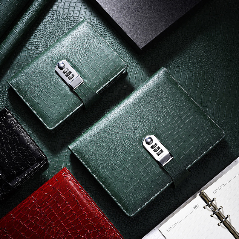 

A6 A5 Binder Notebook Vintage Luxury Crocodile Textured Leather Diary Password Notes Book with Lock Office Agenda Man Gift