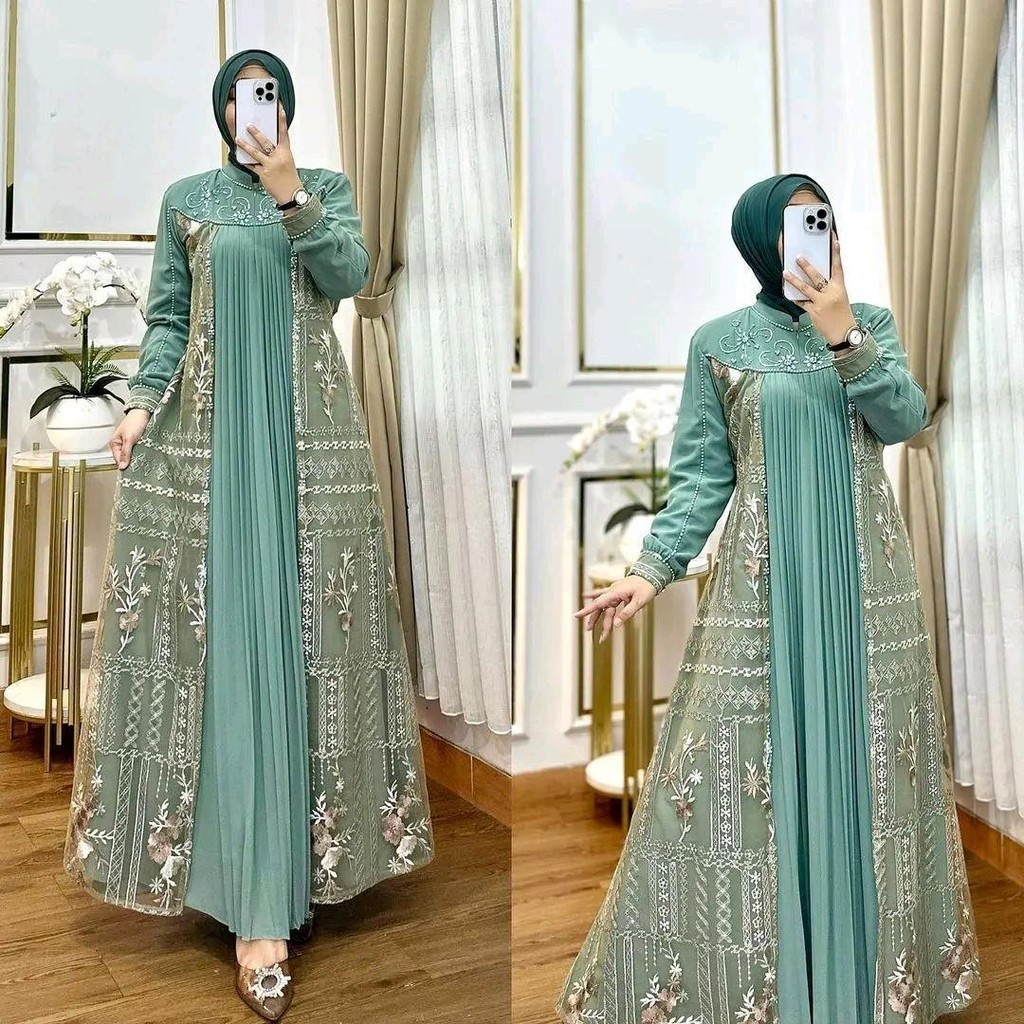 Gaun Kondangan Arumi Ceruty Babydoll Brukat Mutiara Swaroski Dusty Purple Mocca Mint Blue Allsize Fi