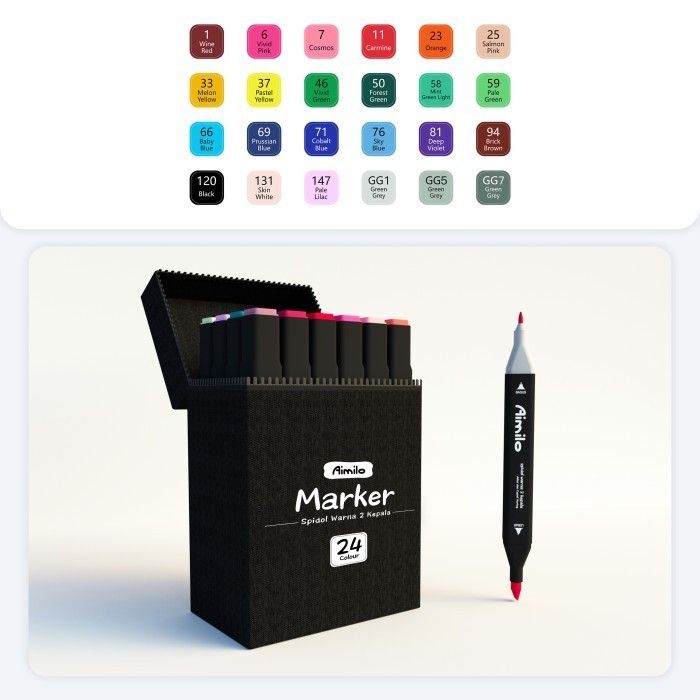 

Andma [READY] Aimilo Spidol Warna Warni 1 Set kemasan kartun Sketch Marker 2 Tip Touch Marker 48/60/80 Warna - Isi 24