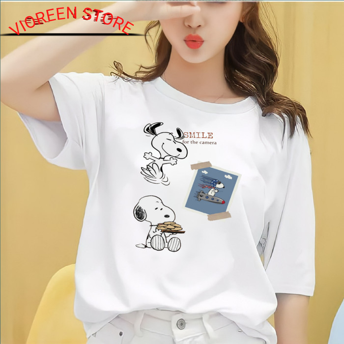 TERMURAH BAJU WANITA KAOS KATUN CEWEK PREMIUM SMILE SNOOPY S-M-L-XL-XXL-3XL-4XL - Putih, S