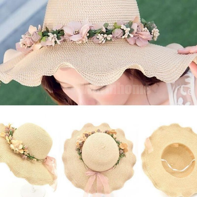 COD Topi Rajut Topi Pantai wanita Motif Bunga Topi Rajut Lidi gelombang Bunga
