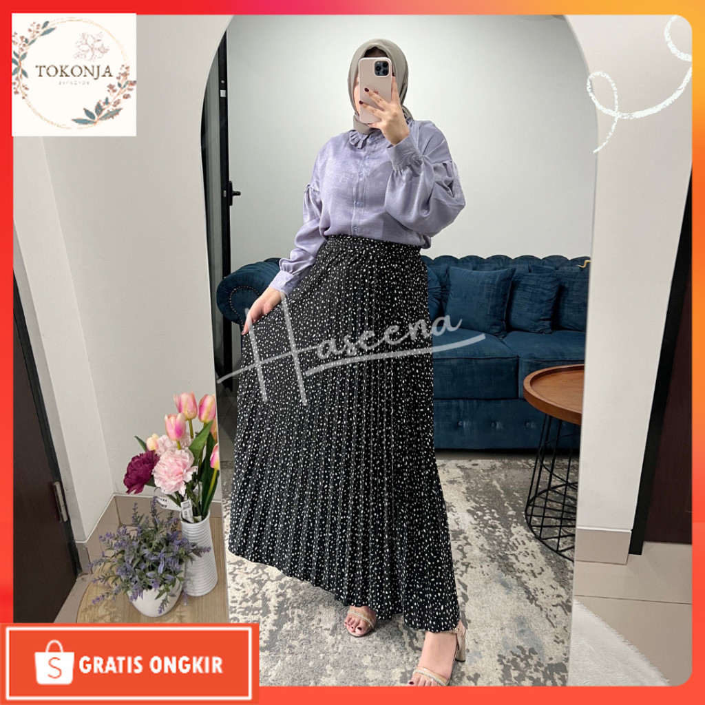 Rok Tamu / Haseena Rok Plisket Zeina Motif Polkadot Emas Mini Tabur Skirt Wanita Ala Style Korea