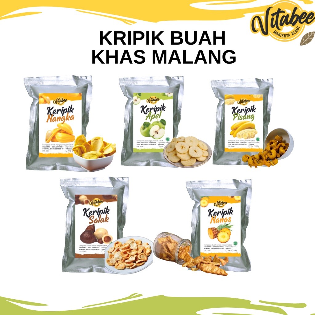 

Keripik Kripik Buah Nangka Apel Salak Nanas Mangga Rambutan 100 gram Vitabee Khas Kota Malang - Garansi Renyah BISA COD